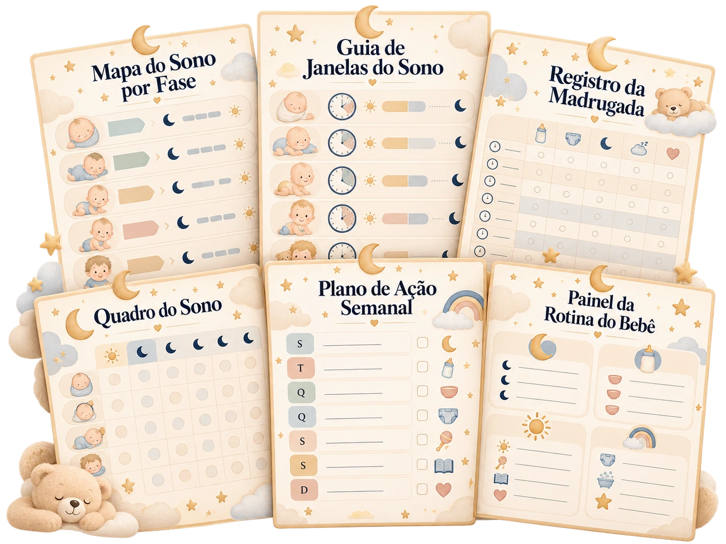 Os seis imprimíveis: Mapa do Sono por Fase, Guia de Janelas do Sono, Registro da Madrugada, Quadro do Sono, Plano de Ação Semanal e Painel da Rotina do Bebê